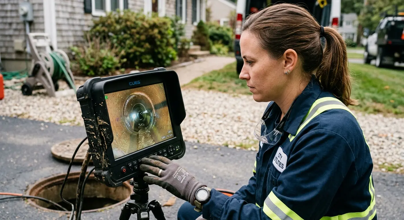 Technician reviewing sewer camera inspection footage in East Lake