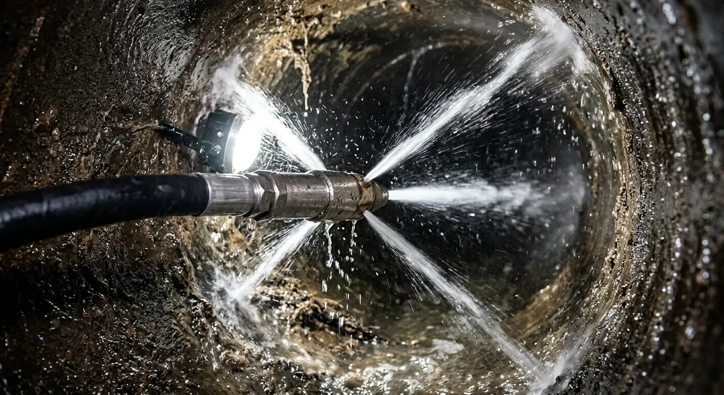 High-pressure hydro jetting nozzle cleaning sewer pipe for Trenchless Sewer Repair in East Lake