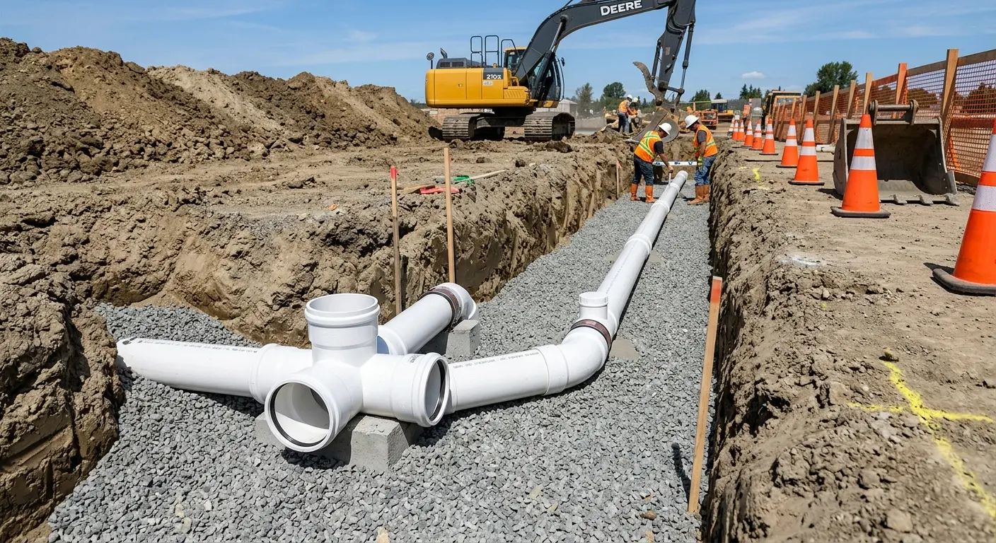 New PVC sewer pipe installation in open trench for Sewer Backup in East Lake