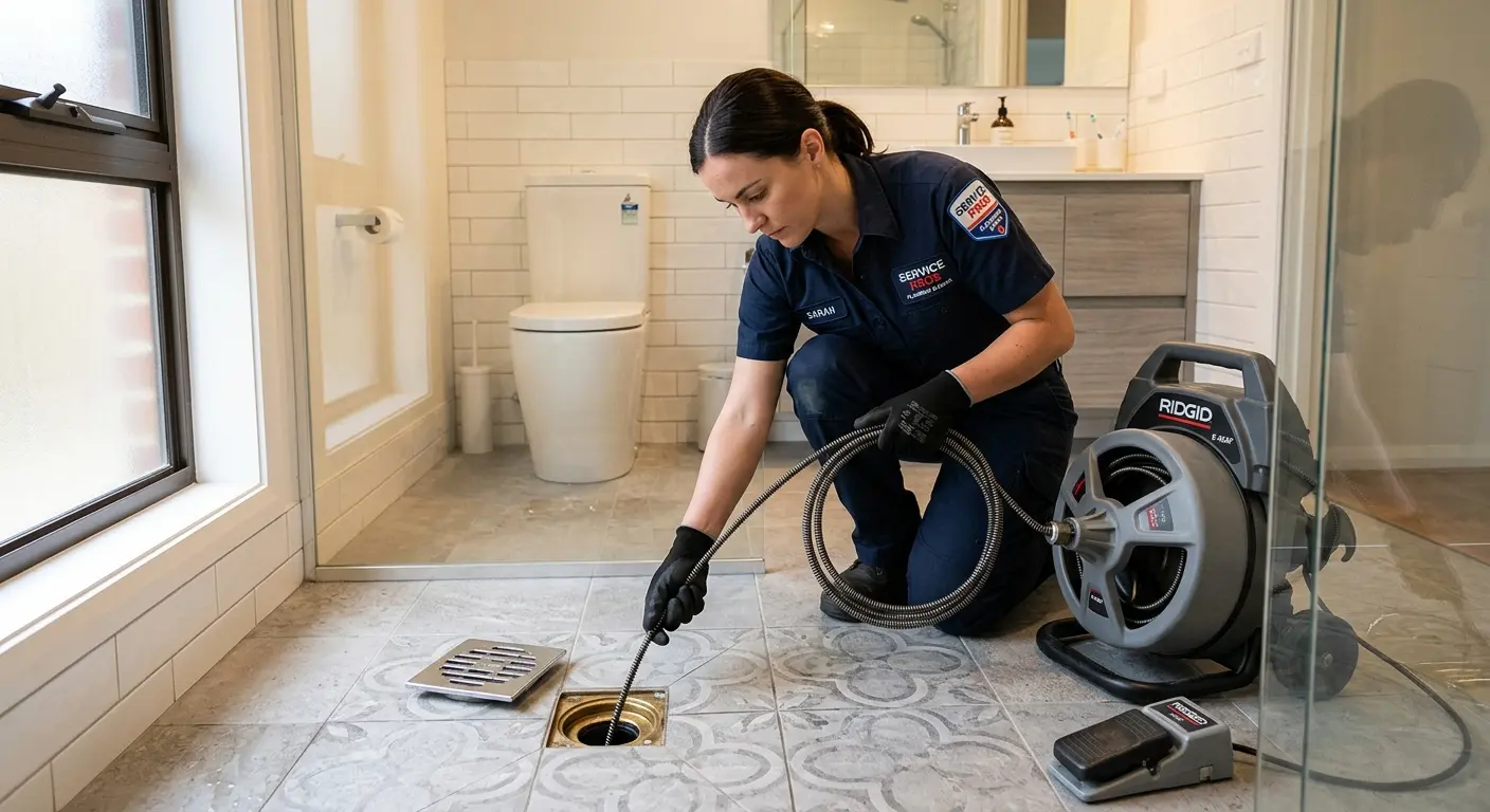 Technician clearing a bathroom floor drain for Drain Cleaning in East Lake
